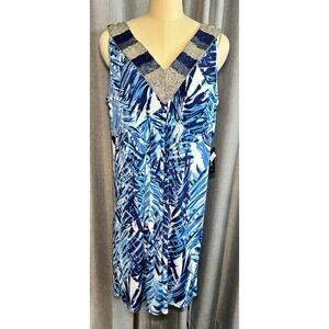 Macys Style & Co Sau Paulo Palm Jungle Blue Beaded Summer Dress Size 1X